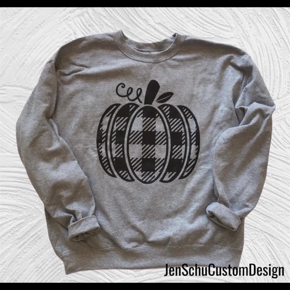 Fall Themed Gray Crew Sweatshirt With Patchwork Pumpkin